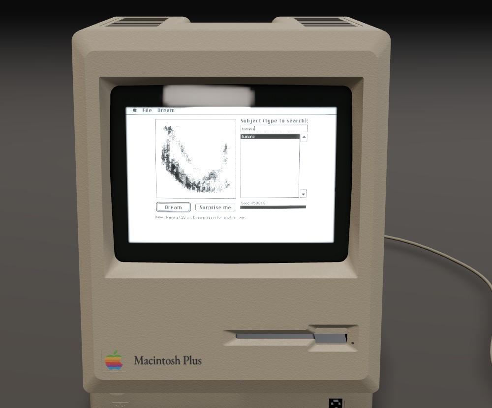The 3D Macintosh Plus on the site, with a banana Dream painted on its screen