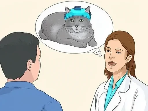 A veterinarian in a white coat speaks to a person in a blue shirt. A thought bubble above them shows a gray cat wearing a blue EEG cap, illustrating the procedure being discussed.