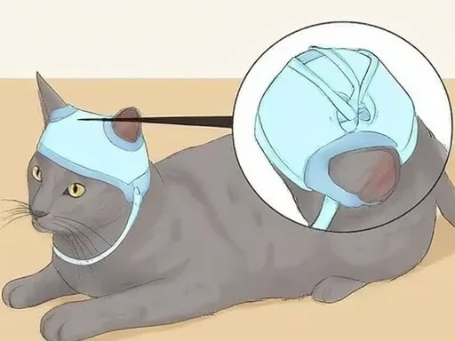 A gray cat lies on a beige floor with a light blue EEG cap secured on its head. A magnified circle highlights the cap's straps, showing how they are tied under the cat's chin to keep it in place.